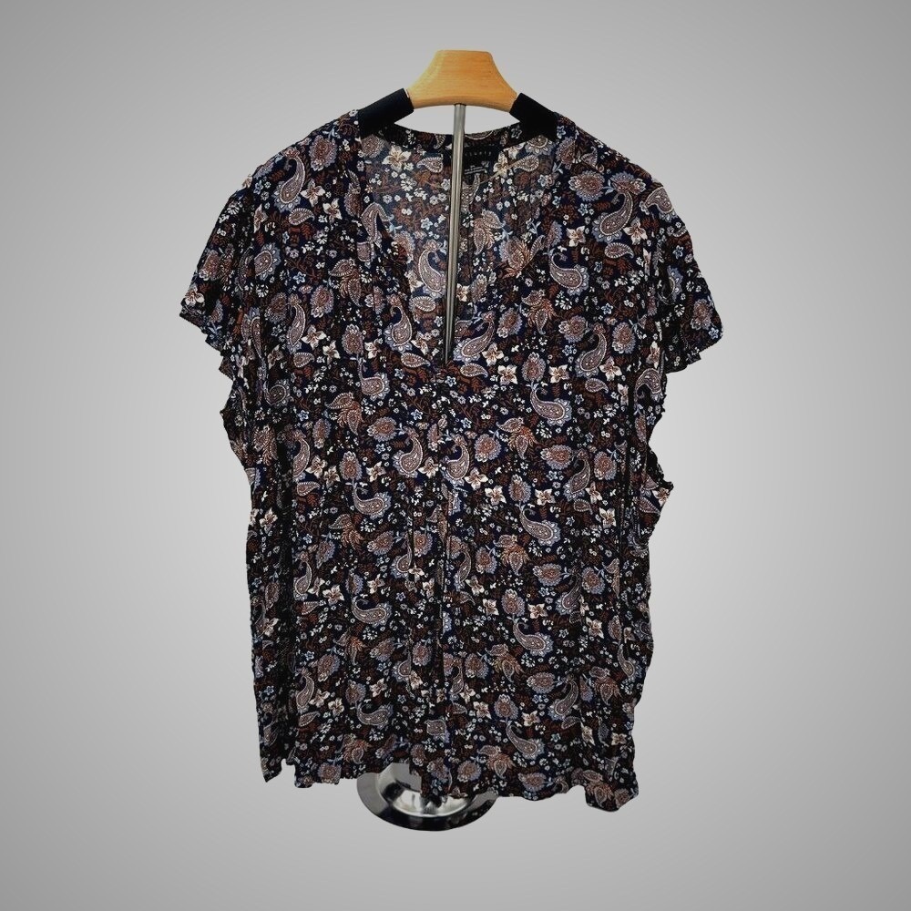 Sanctuary Paisley Floral Split V-Neck Ruffle Sleeve Blouse Navy Blue Plus Sz‎ 3X